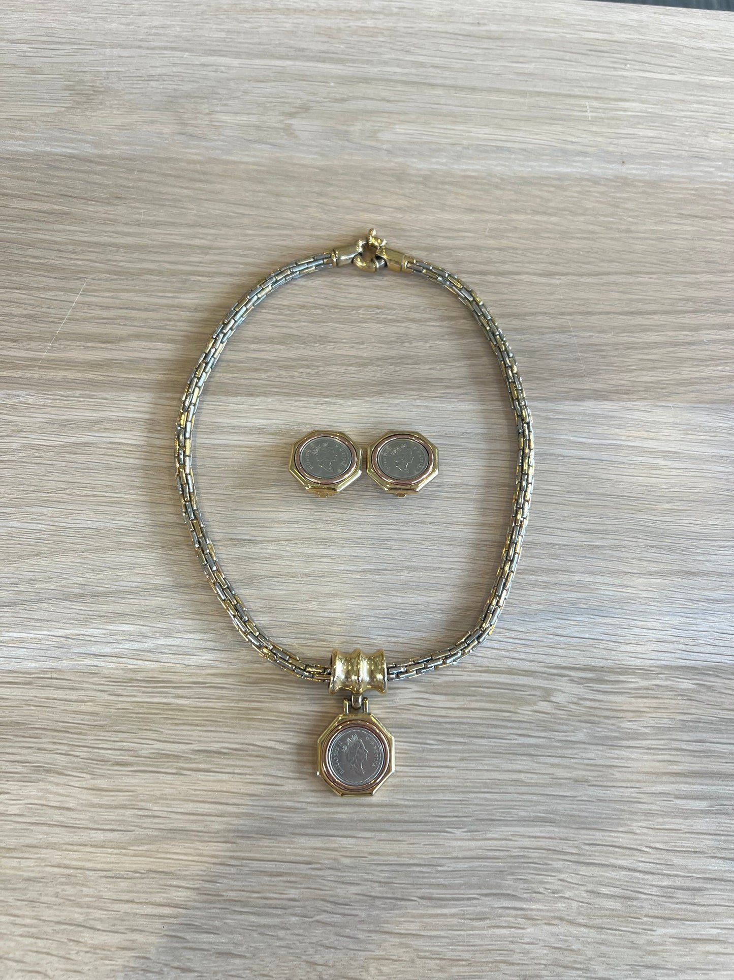 Vintage Two Tone Coin Necklace And Earrings Set