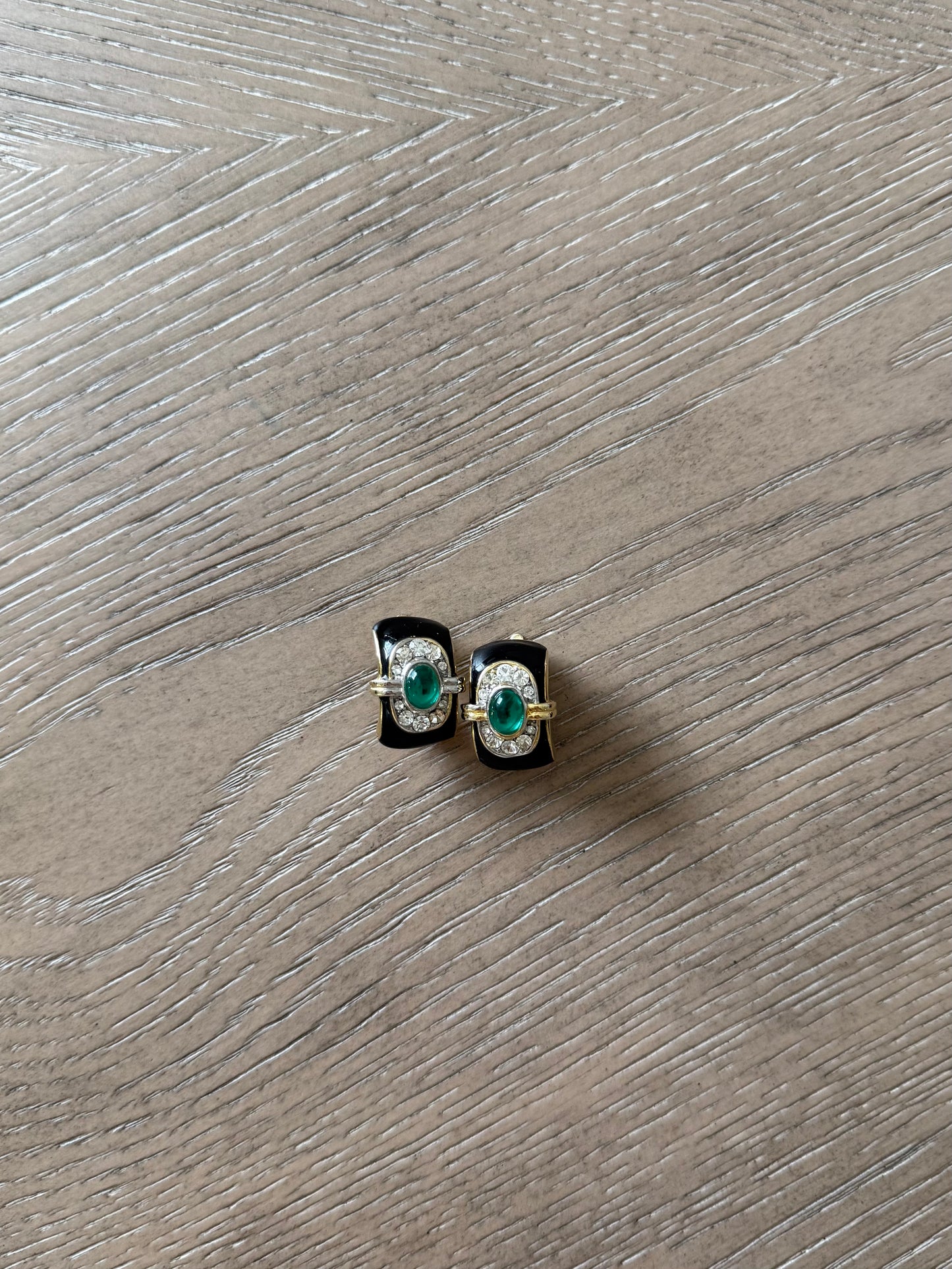 Vintage Black Enamel & Emerald Clip Earrings
