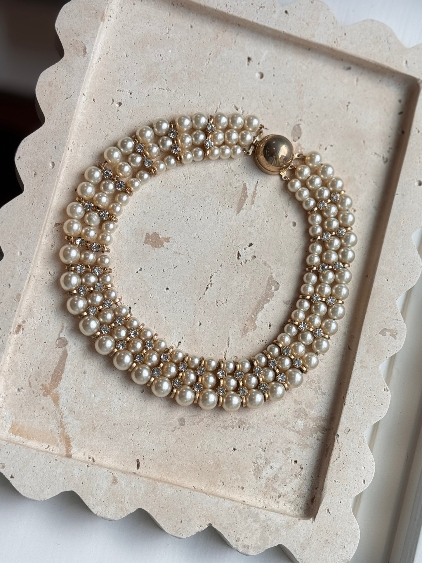 Vintage Three Strand Pearl & Rhinestone Gold Tone Choker Necklace