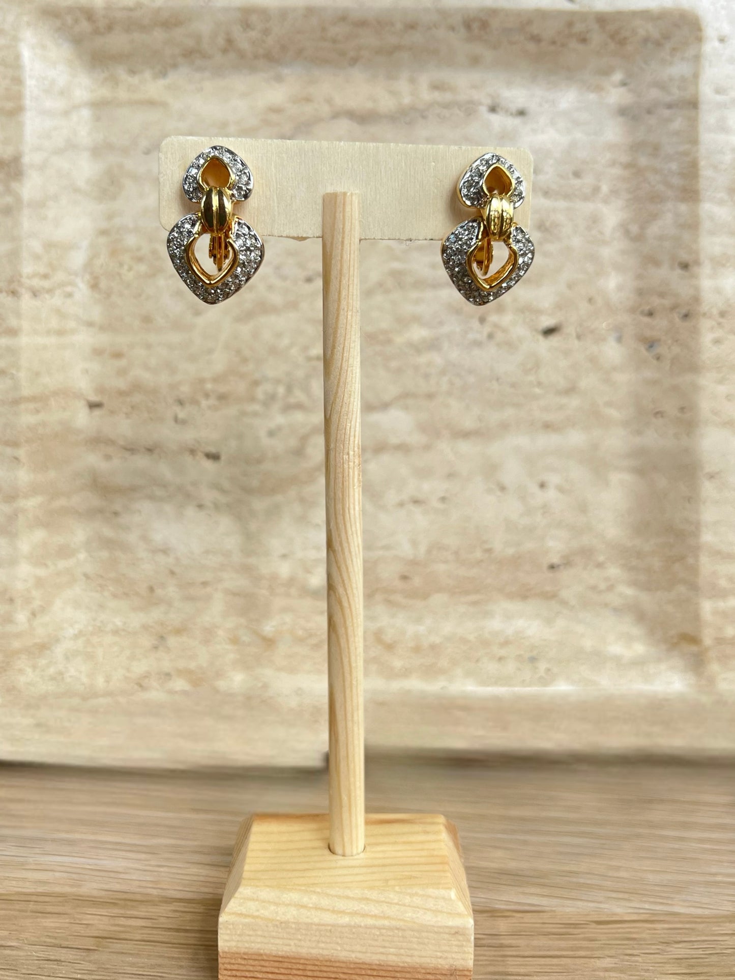 Vintage Gold And Crystal Dangle Heart Clip On Earrings
