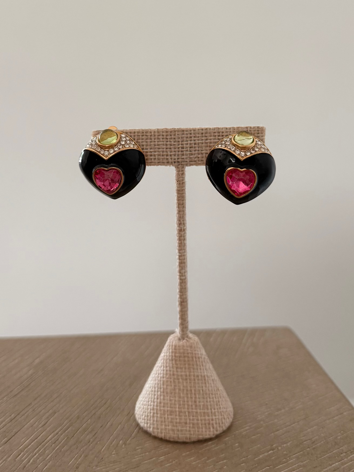 Black Heart With Pink and Green Stone Earring