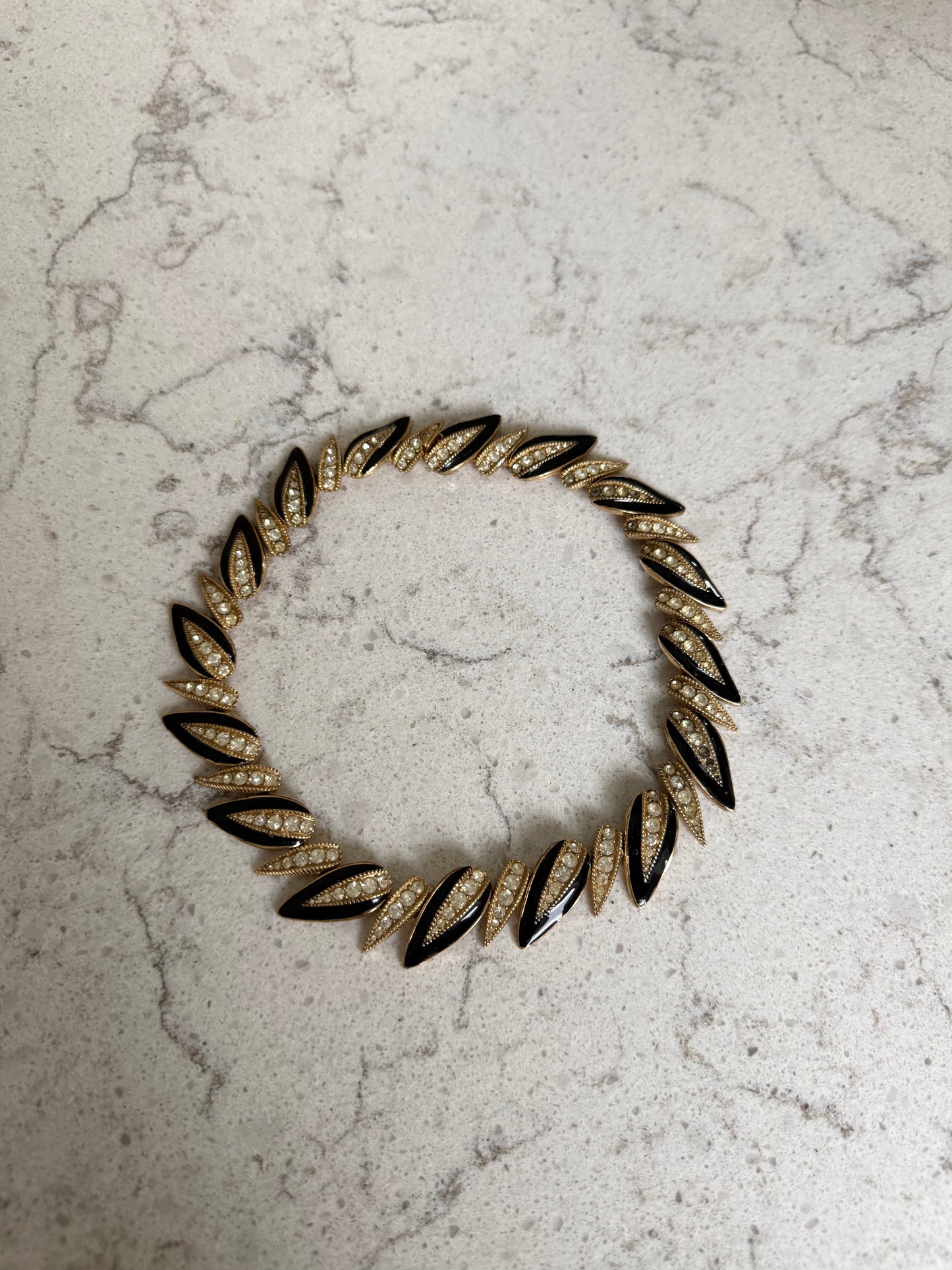 Ciner Gold Tone Black Enamel And Rhinestone Leaf Collar Necklace