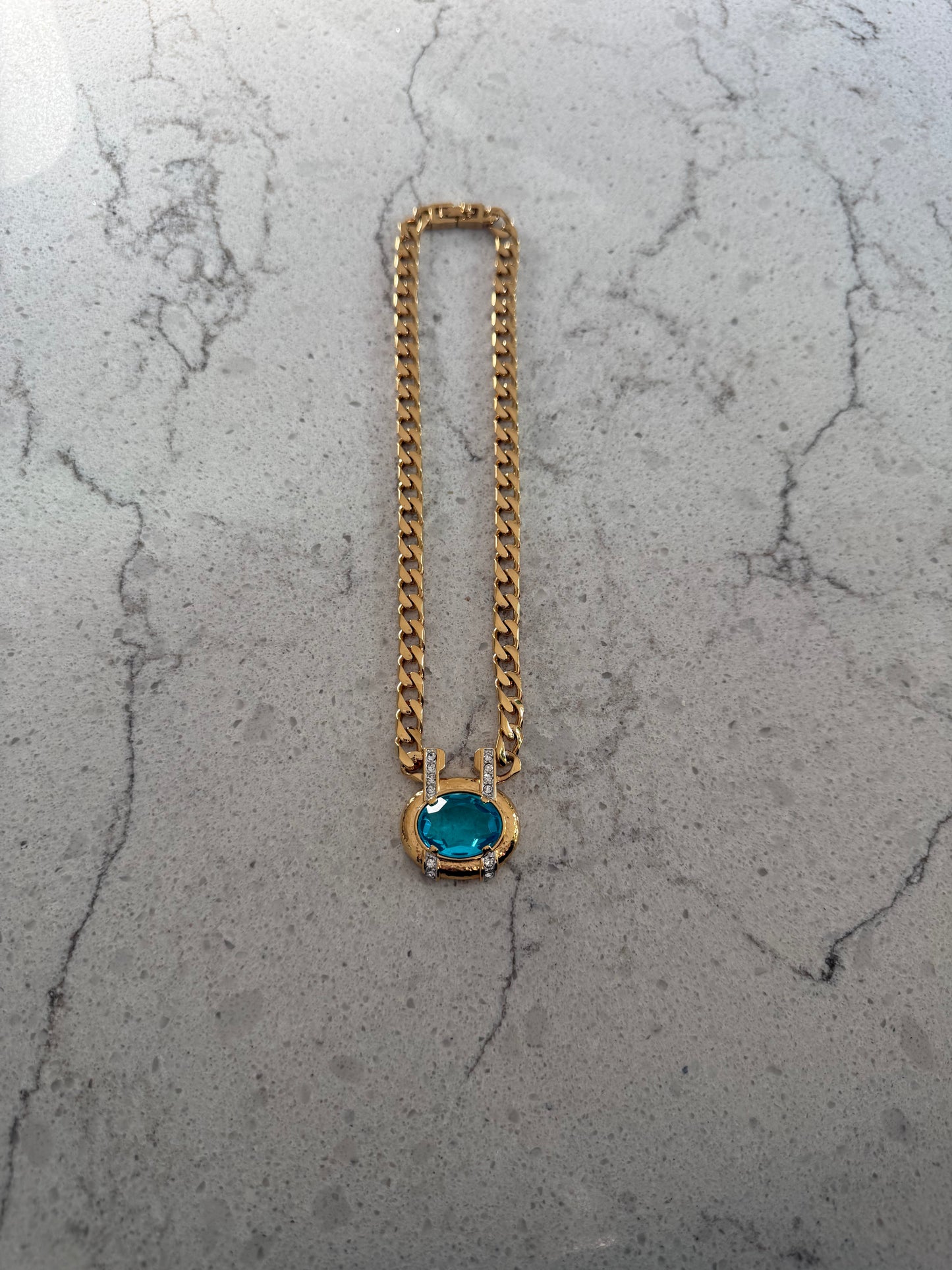 Vintage Gold Blue Statement Pendant Necklace