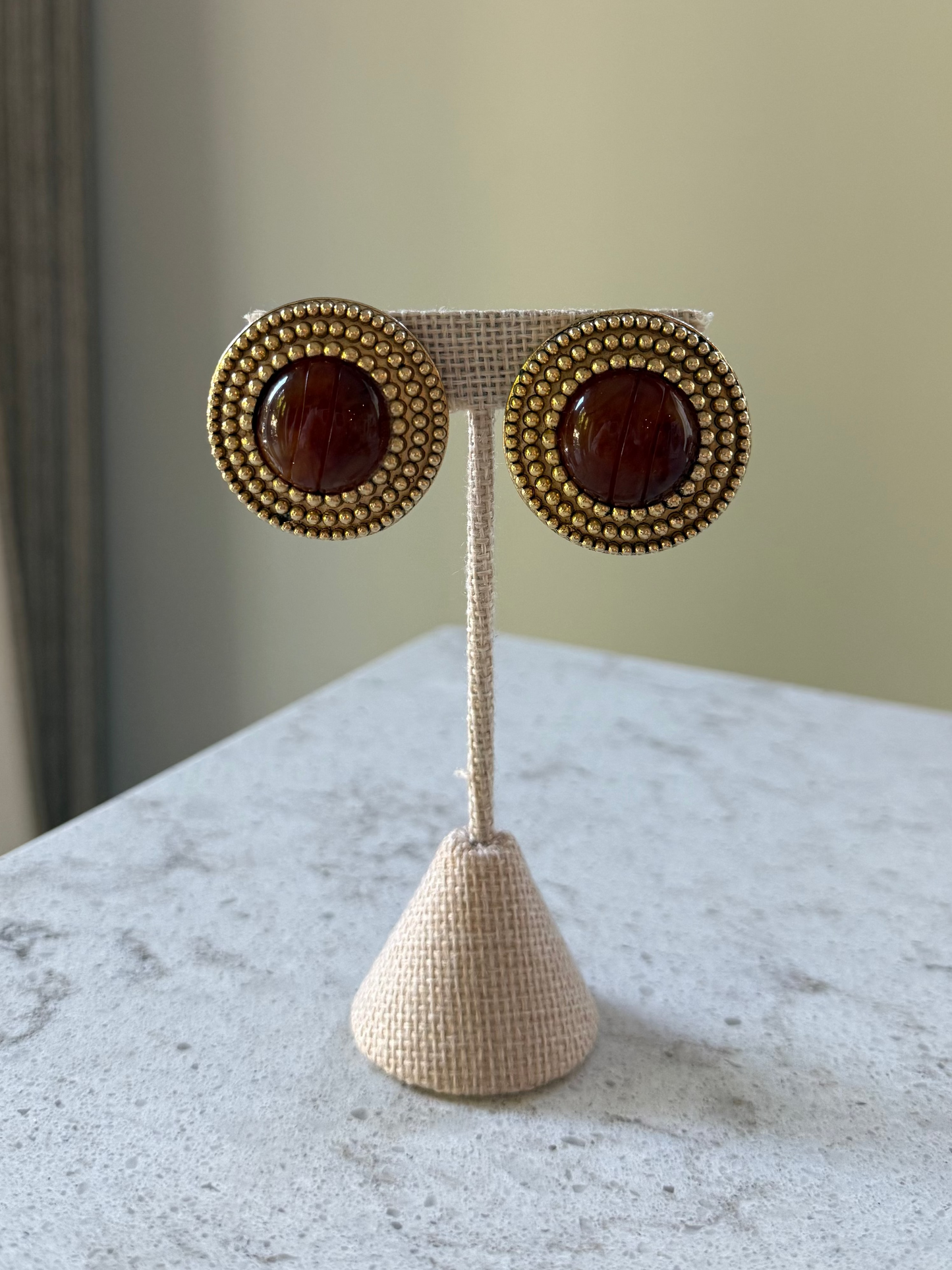 Vintage Gold Textured Circle Earring With Brown Stone