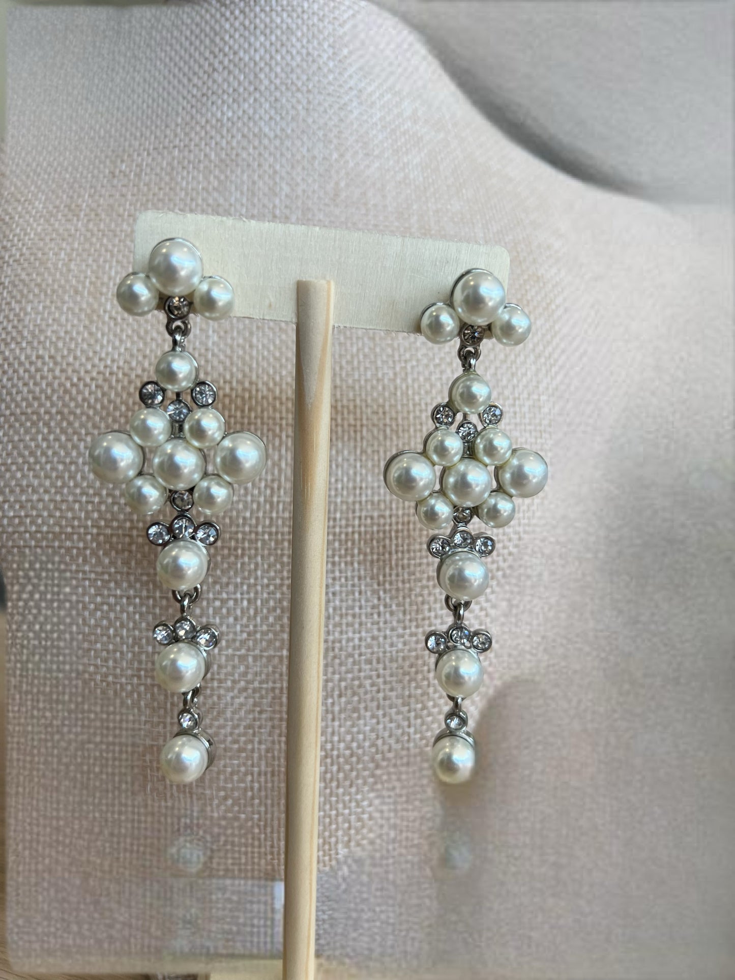 Pearl Dangle Drop Silver Tone Rhinestone Earrings