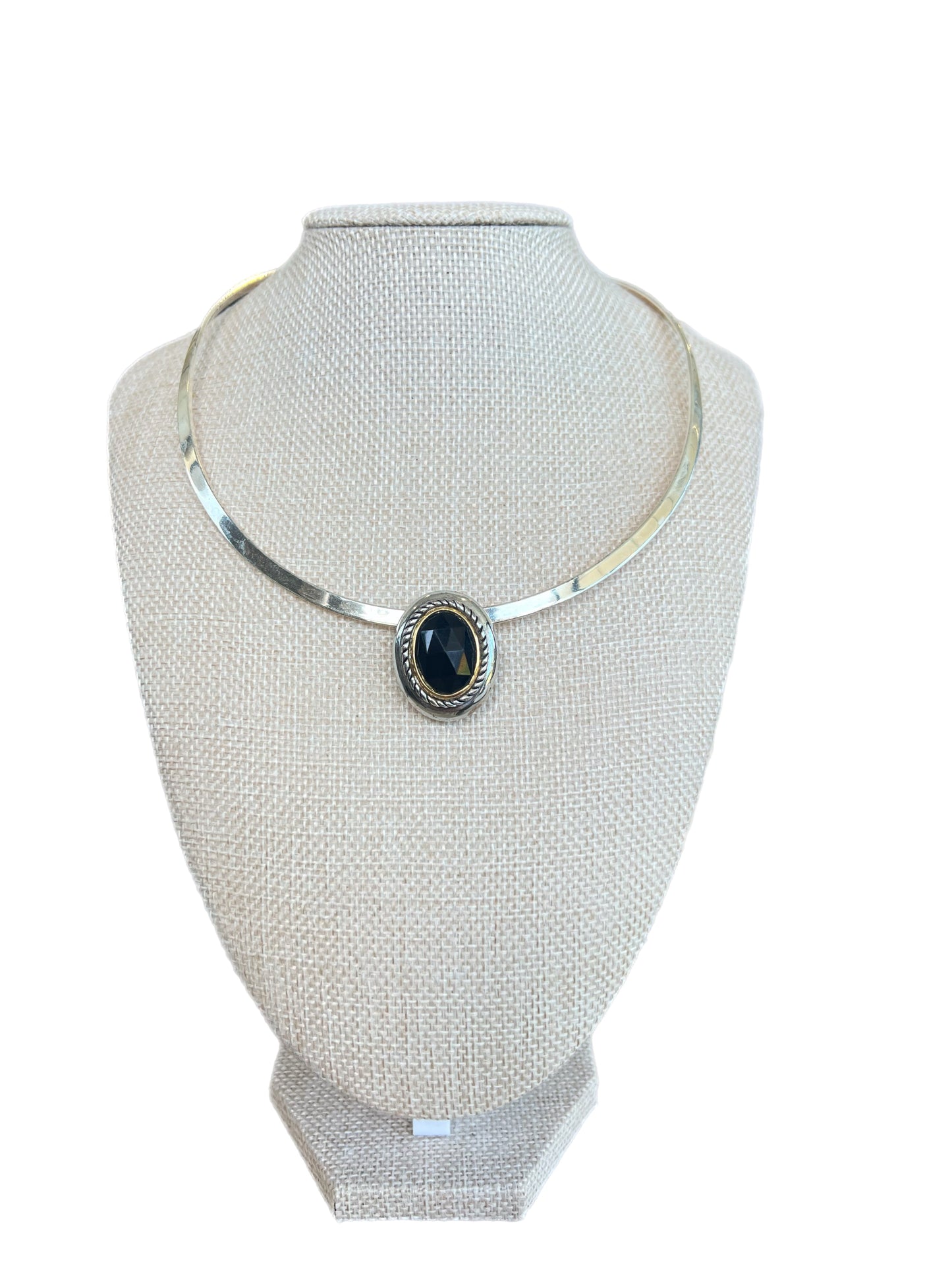 Silver Bar Two Tone Black Stone Choker Necklace