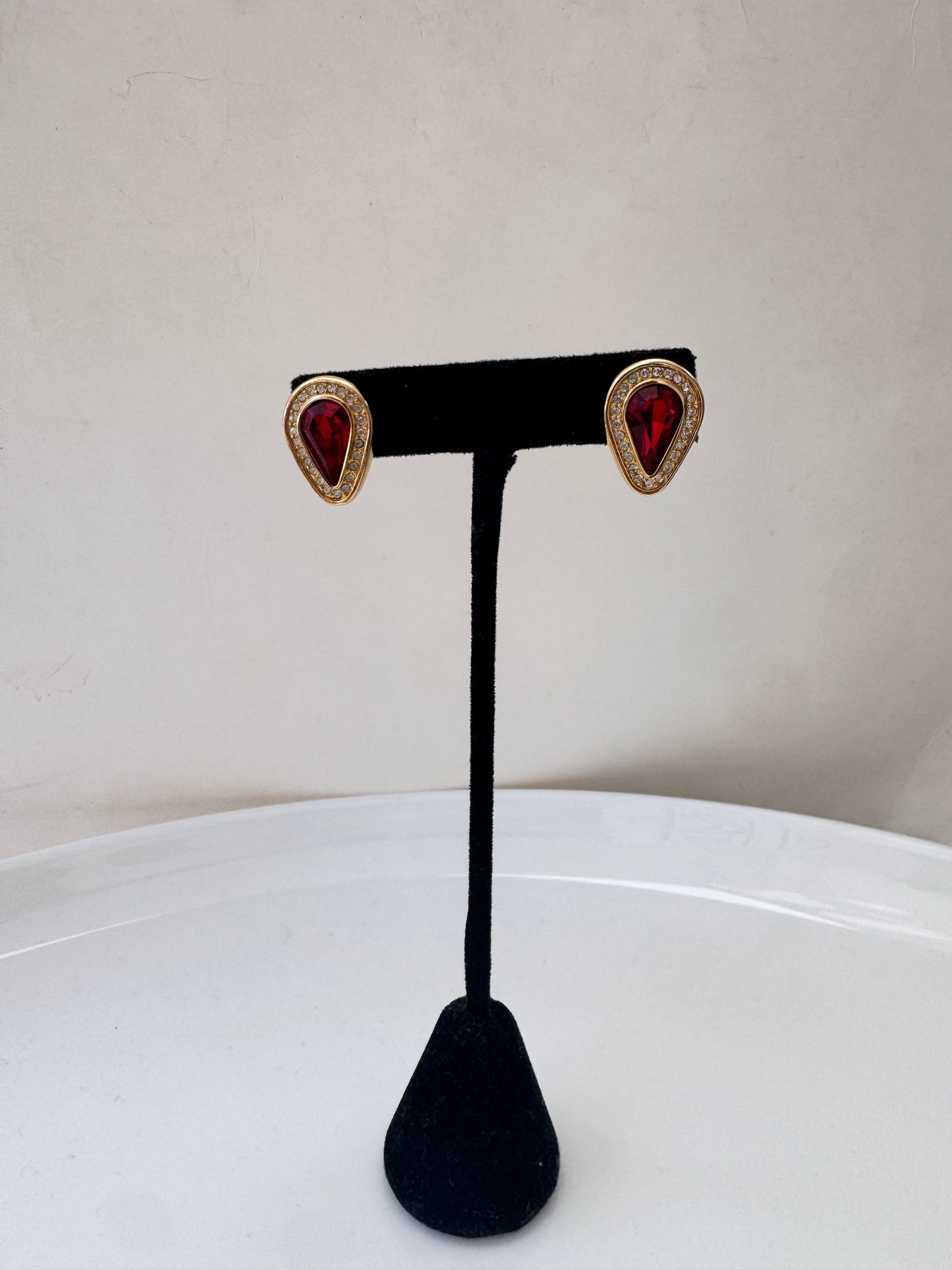 Gold Tone Ruby Red Crystal Earrings