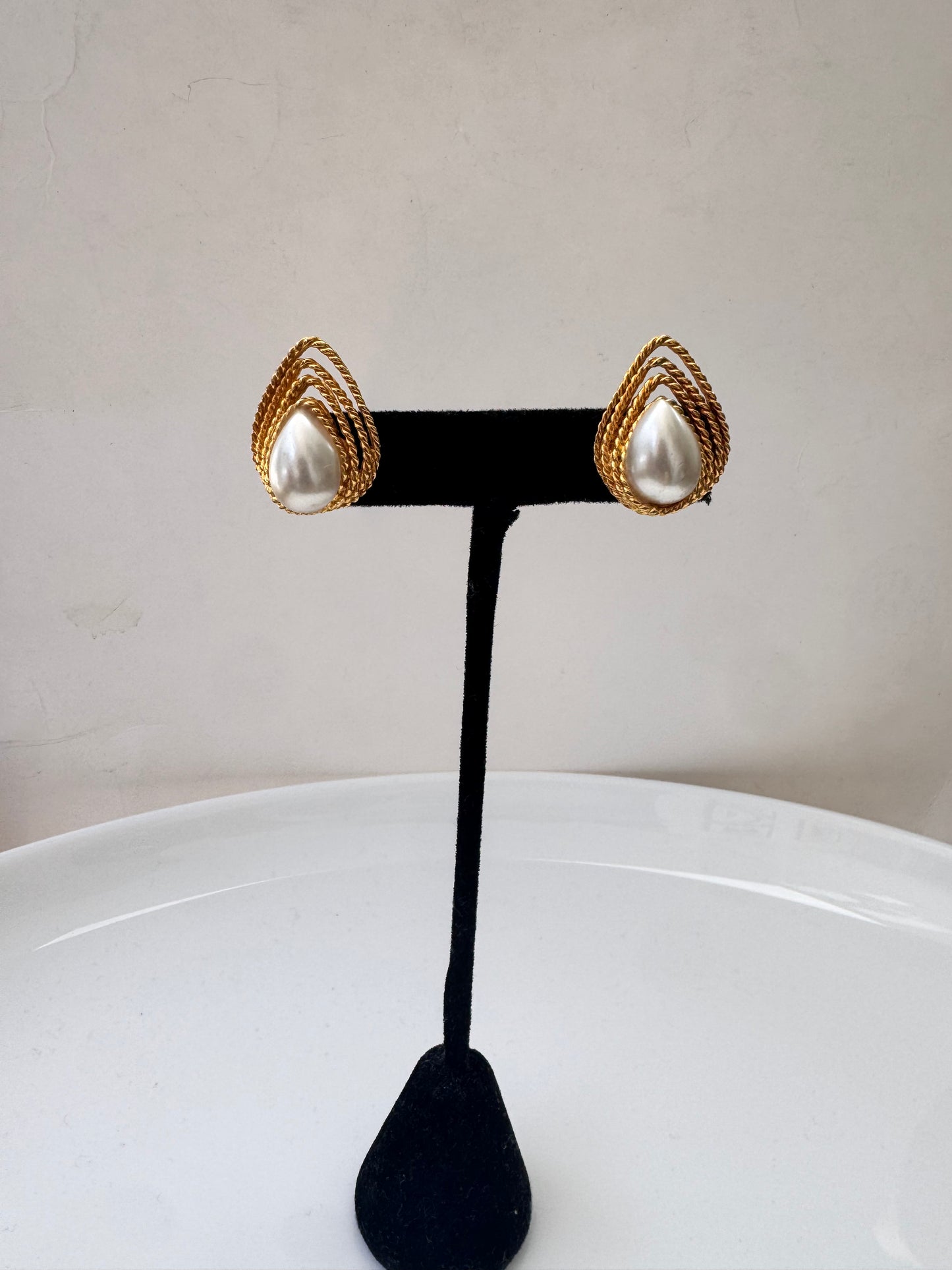 Clip On Gold Twisted Pearl Earrings