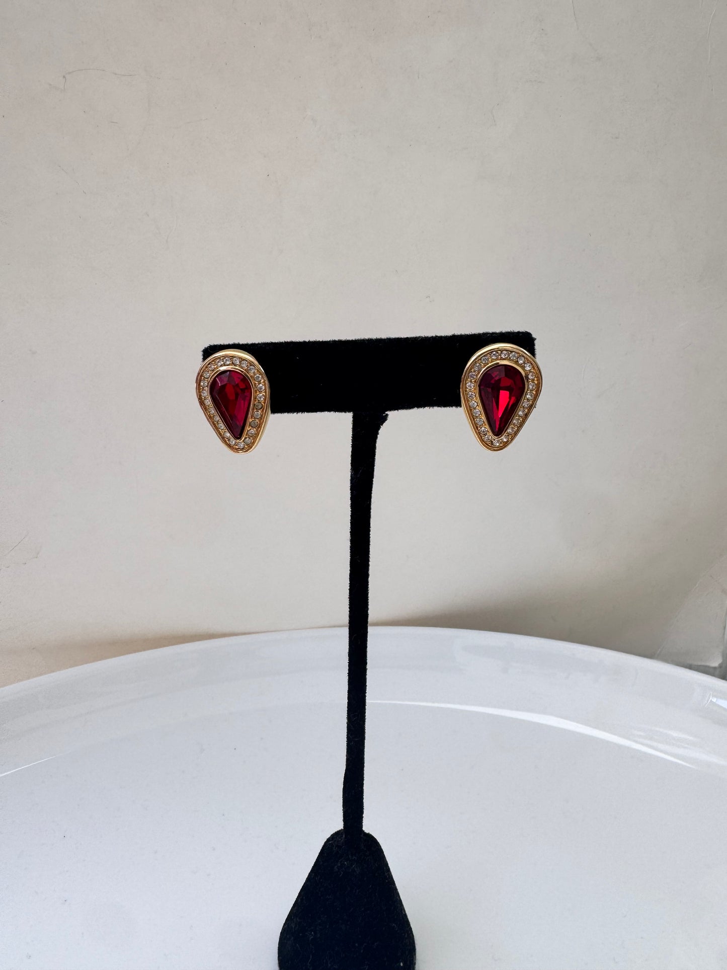 Gold Tone Ruby Red Crystal Earrings