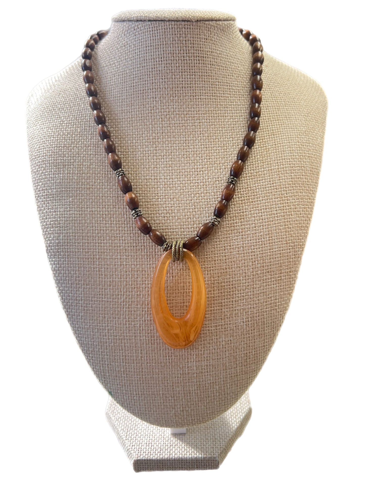 Vintage Brown Wood Beaded With Gold Oval Pendant Necklace