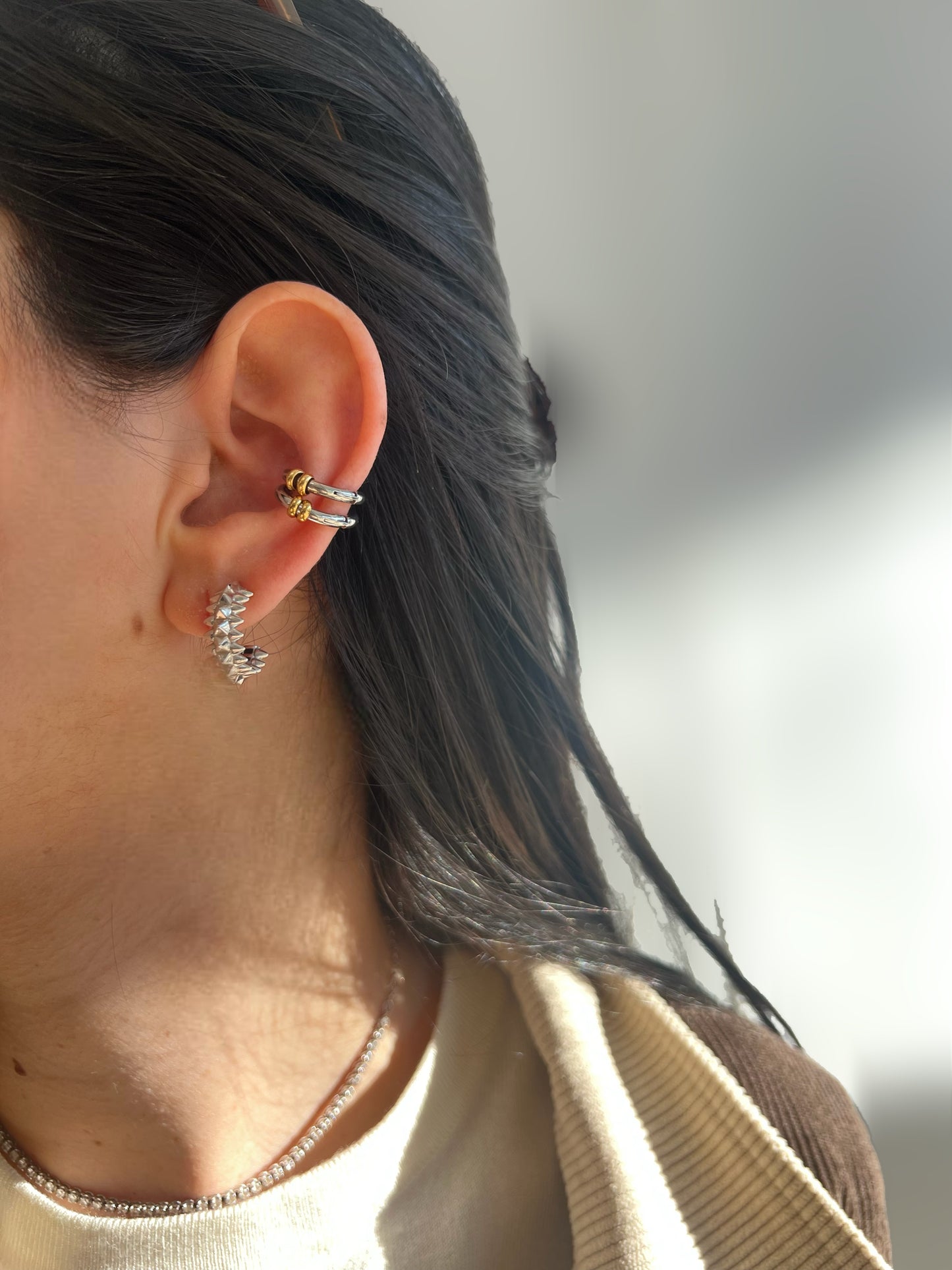 Silver With Gold Rings Ear Cuff
