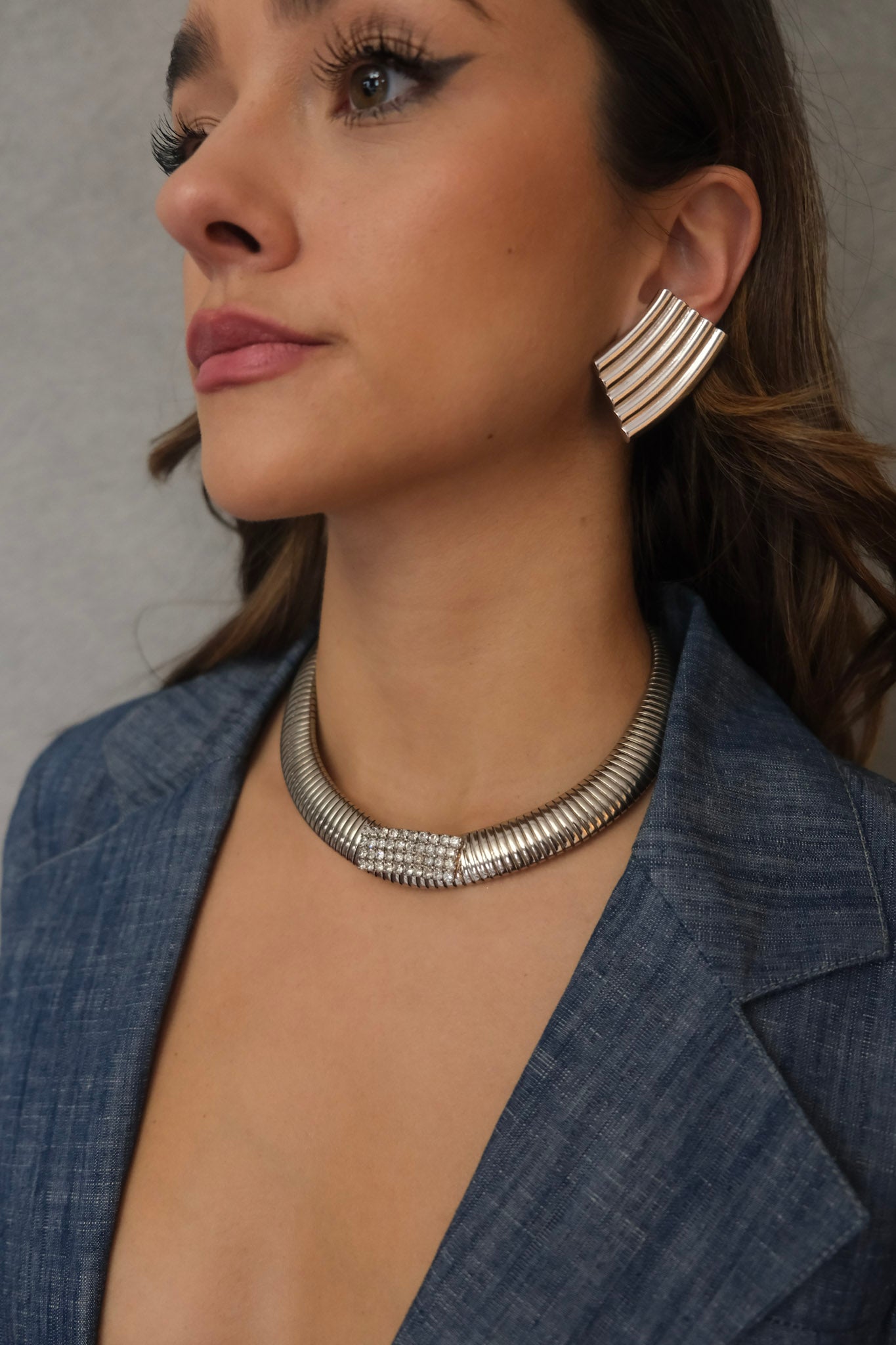 Silver Omega Necklace with Diamonds