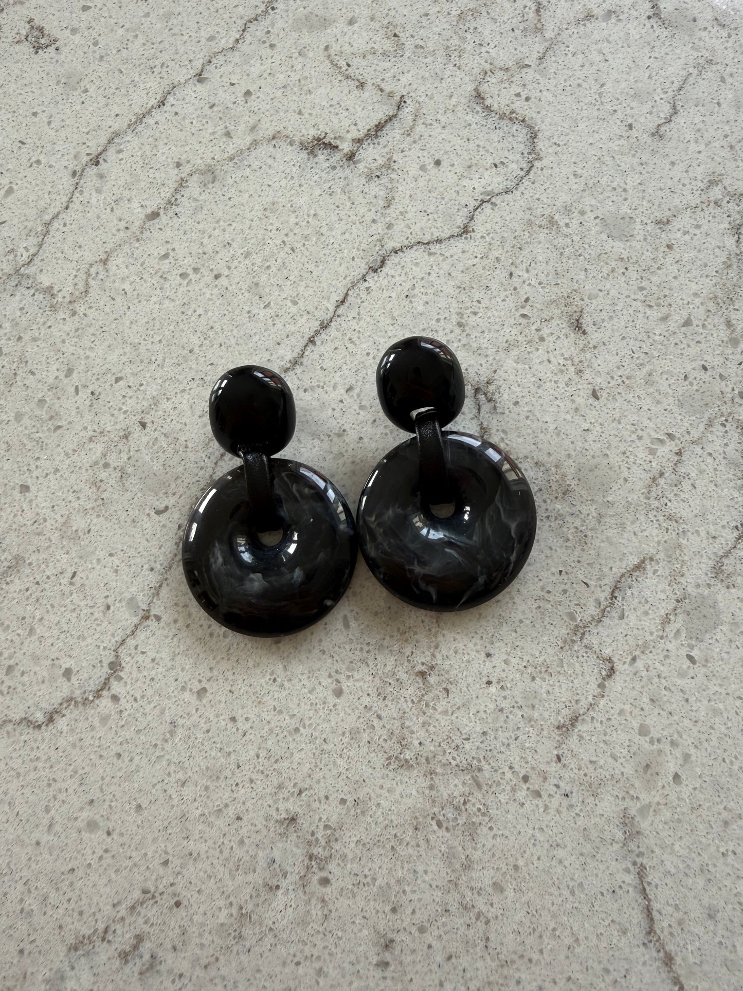 Danish Designer Black Marbleized Resin & Leather Pierced Earrings