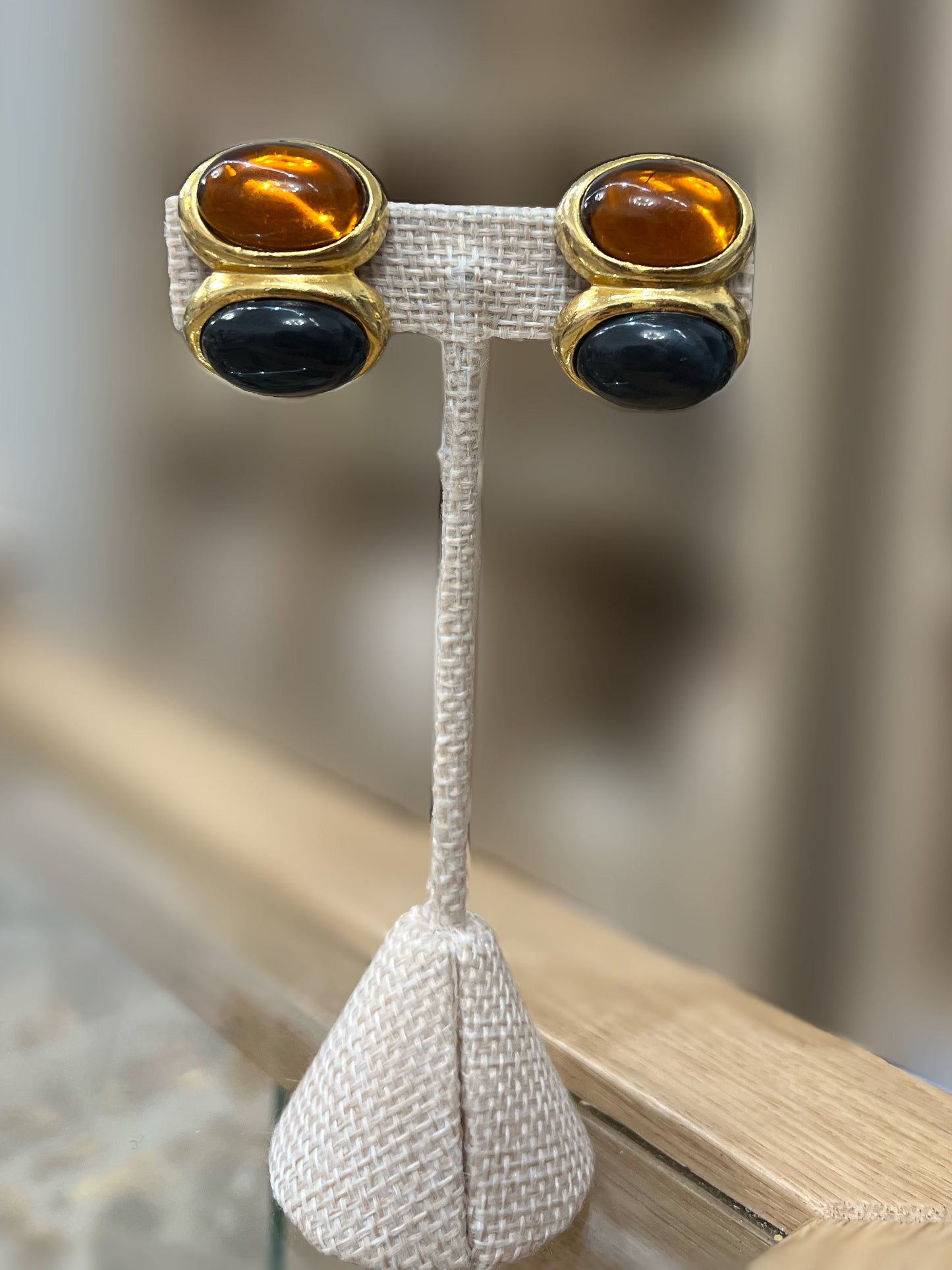 Amber And Black Puff Gold Earrings