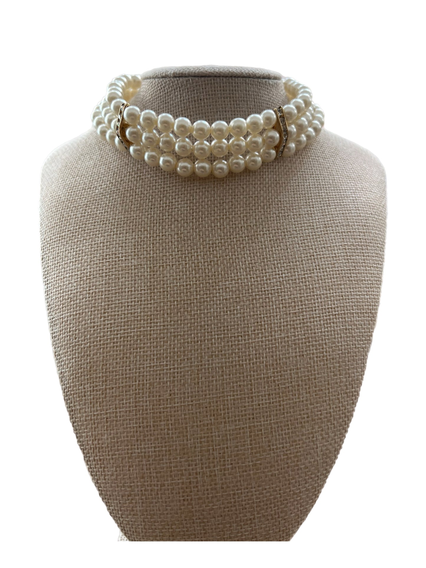 Vintage Three Strand Pearl Choker Necklace with Rhinestones