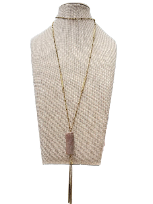 Long Pink Stone Gold Tassel Necklace