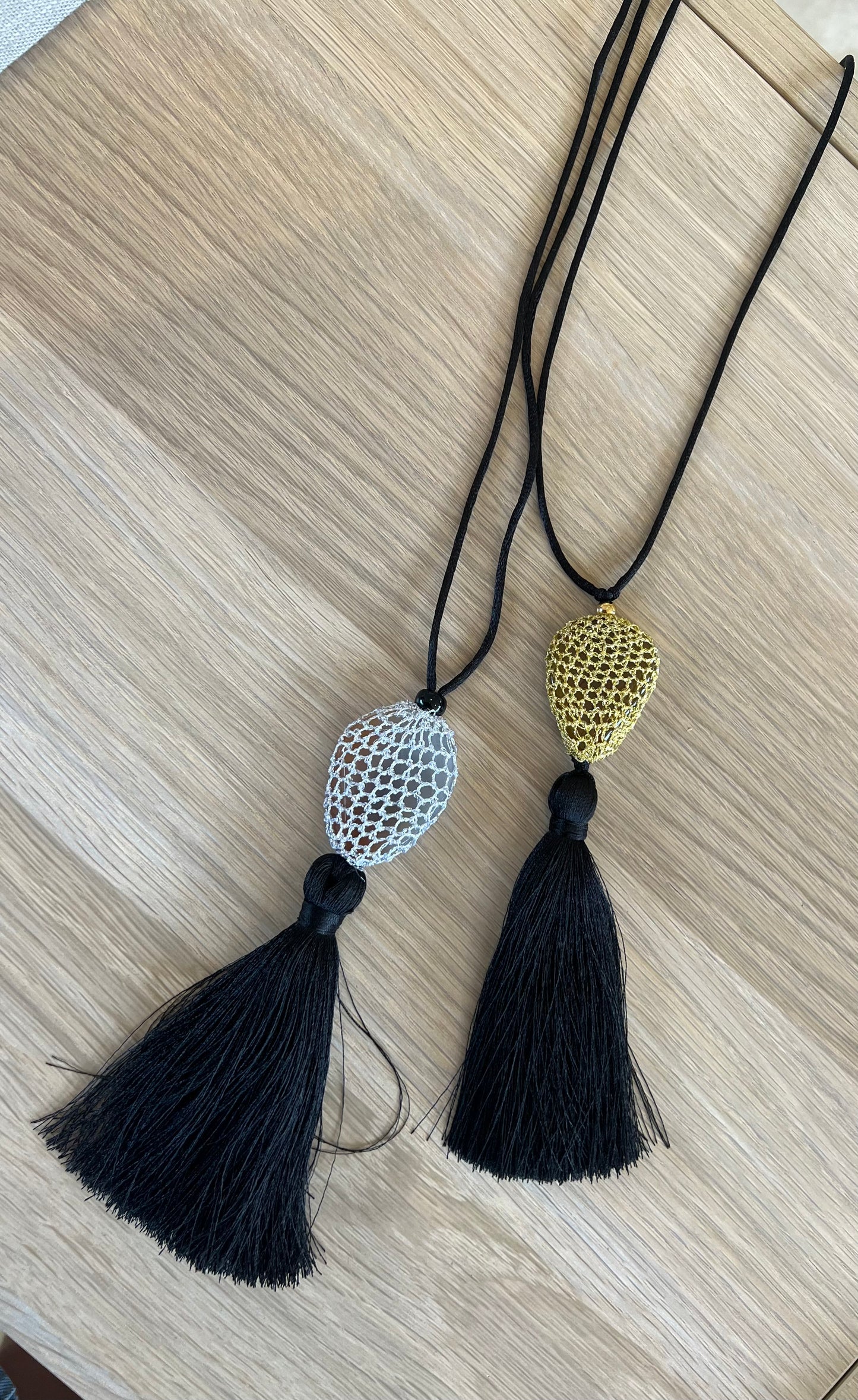 Mesh Gemstone Tassel Necklace