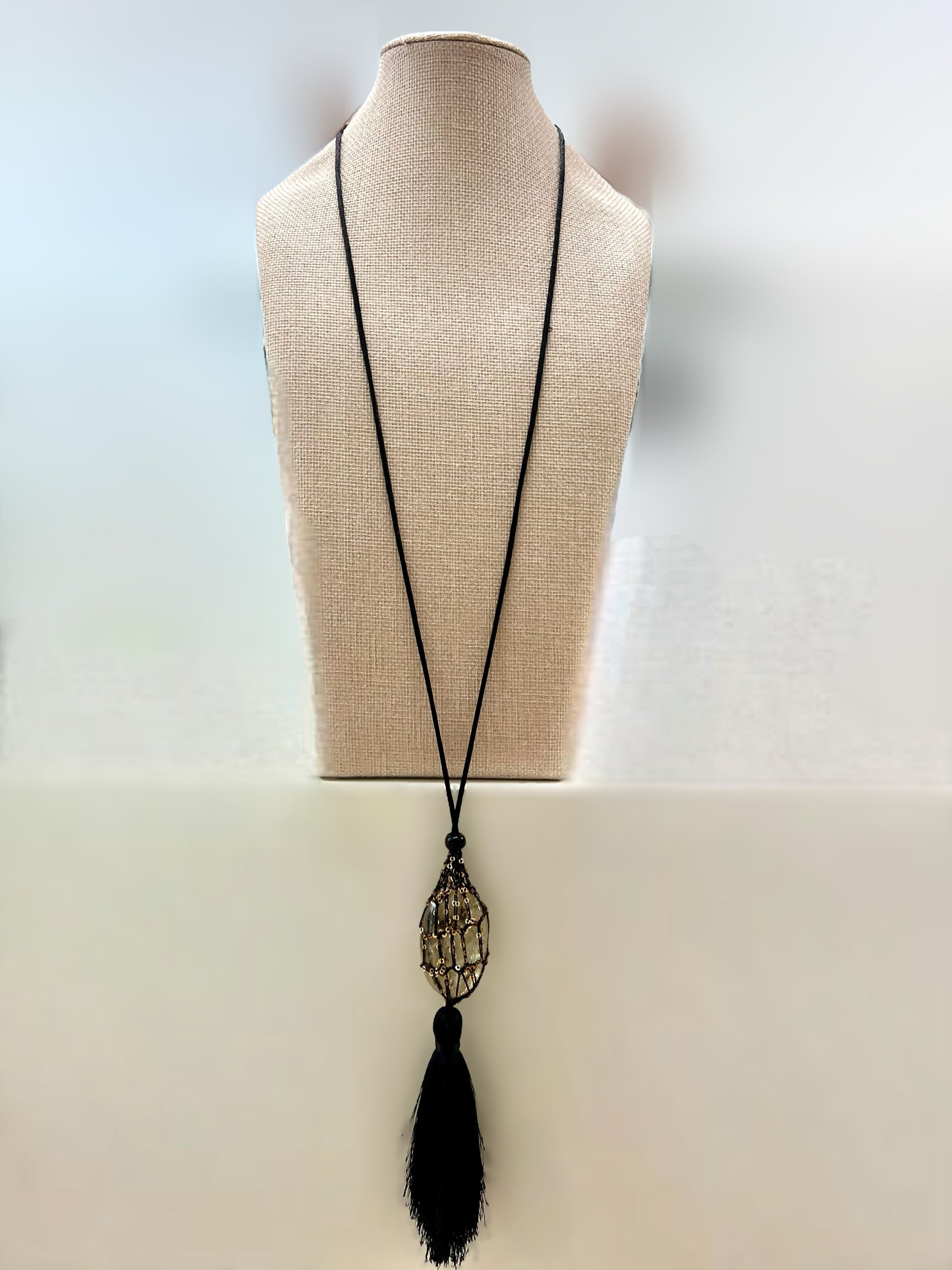 Mesh Gemstone Tassel Necklace