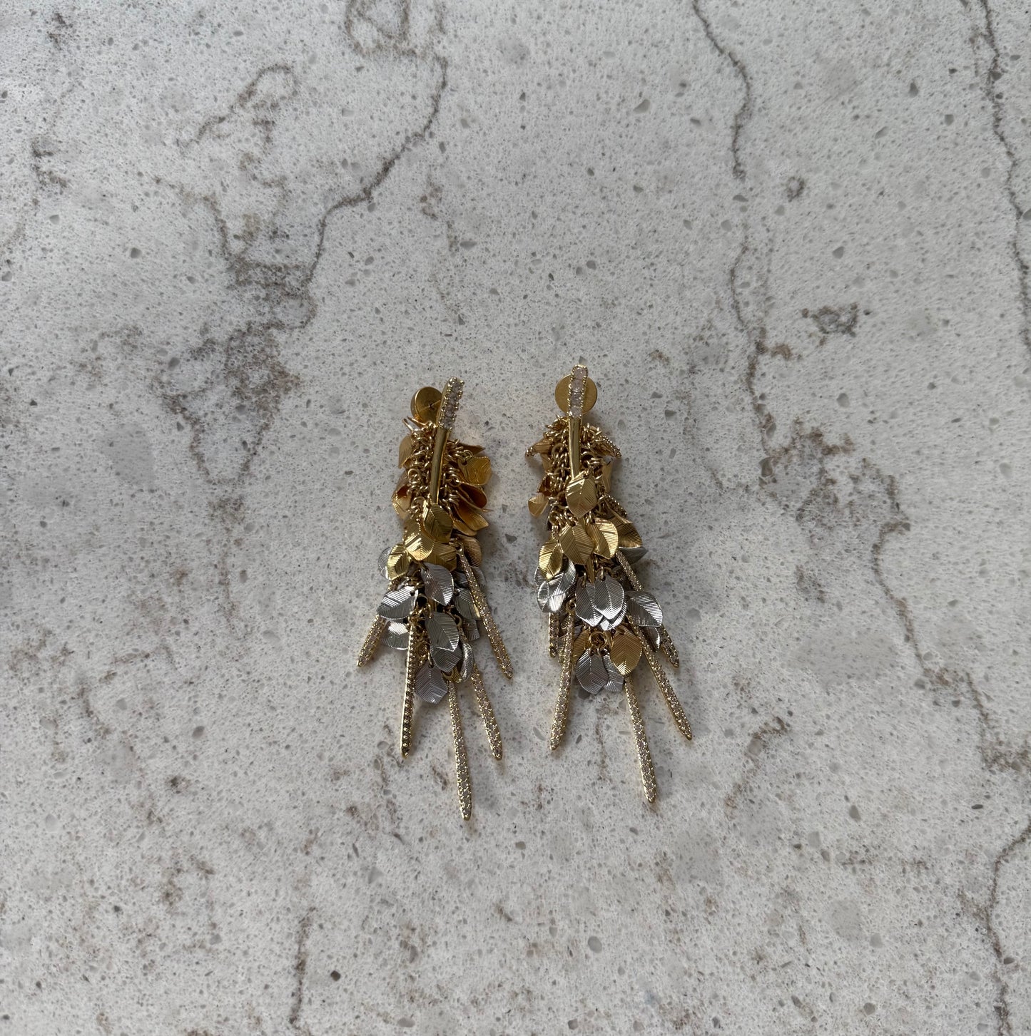 Two Tone Leaf Crystal Hanging Earrings