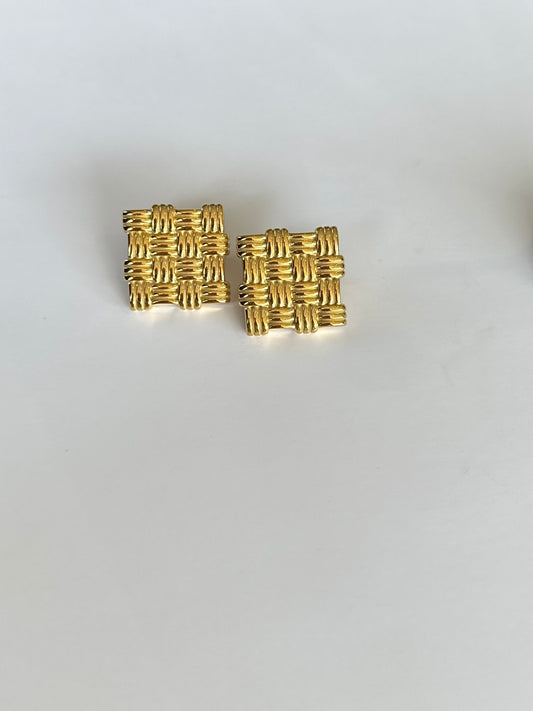 Gold Square Ribbed Earrings