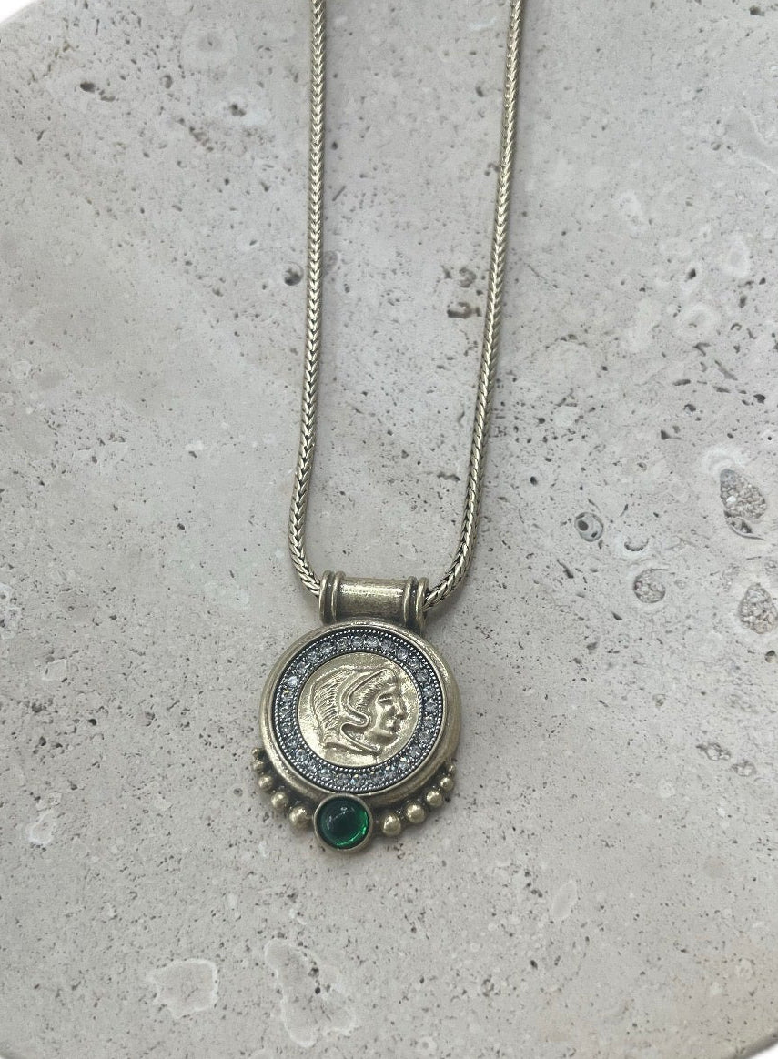 Coin Pendant Necklace With Emerald Stone