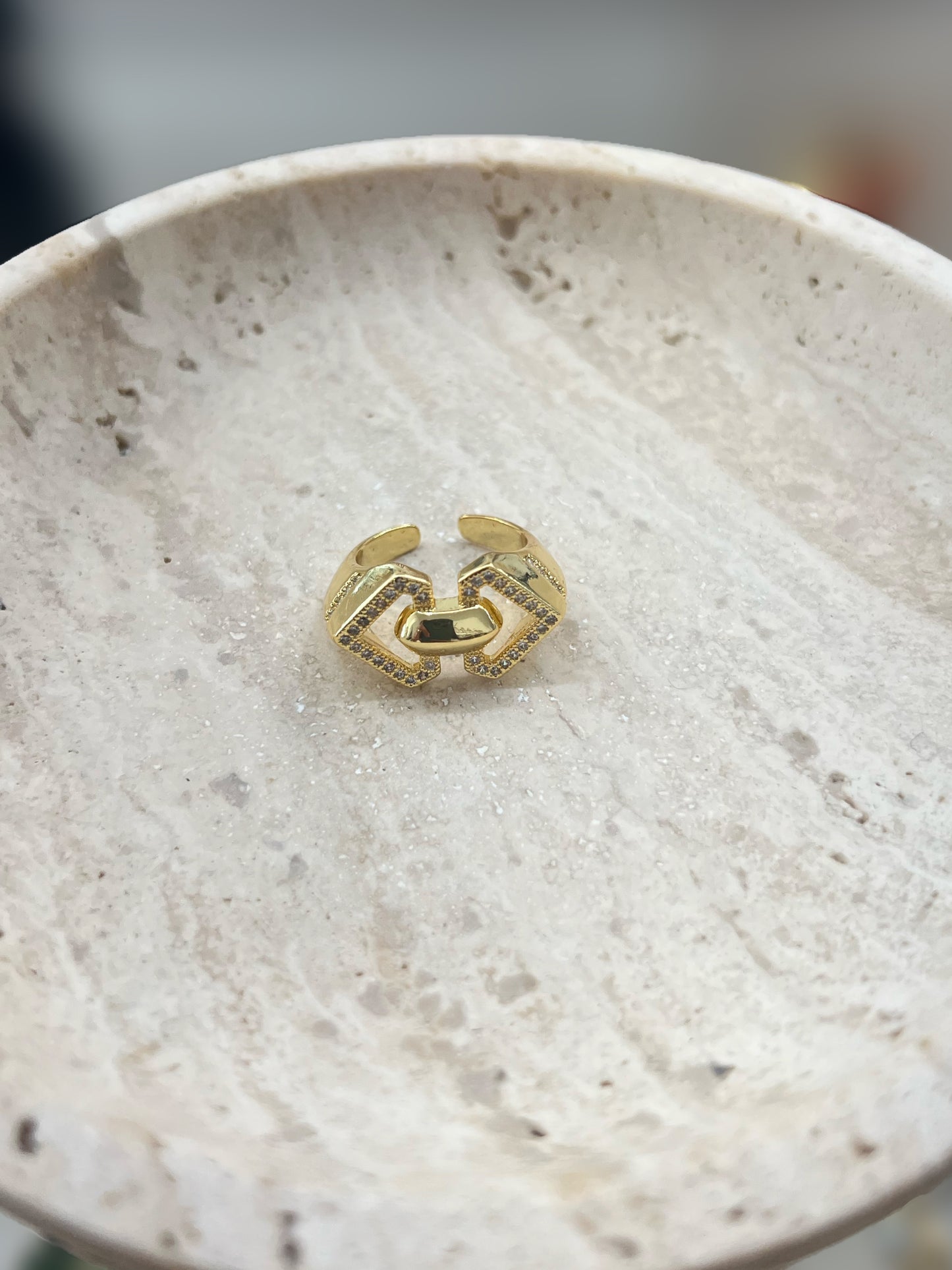 Gold And Crystal Double Triangle Ring