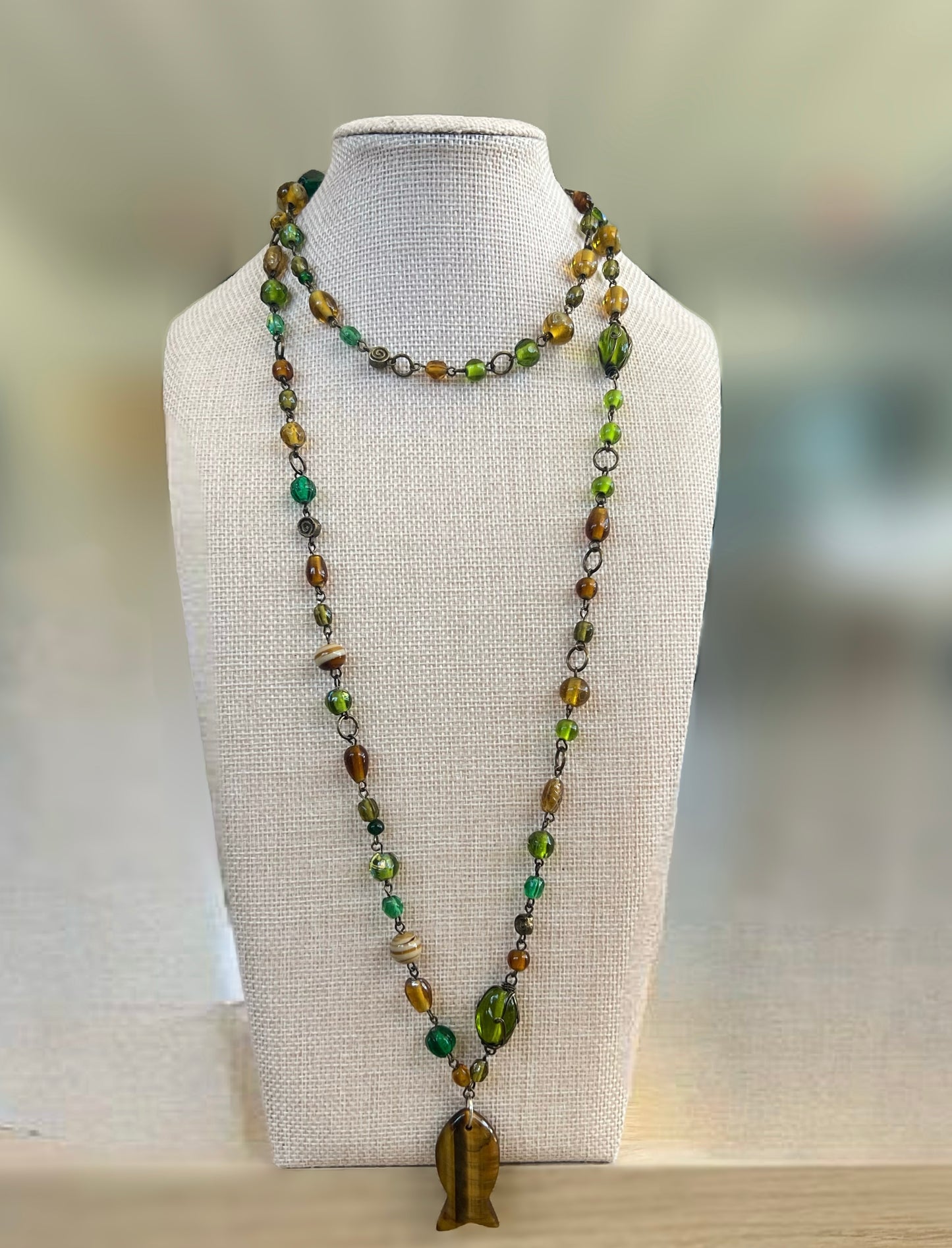 Green And Brown Beaded Fish Necklace