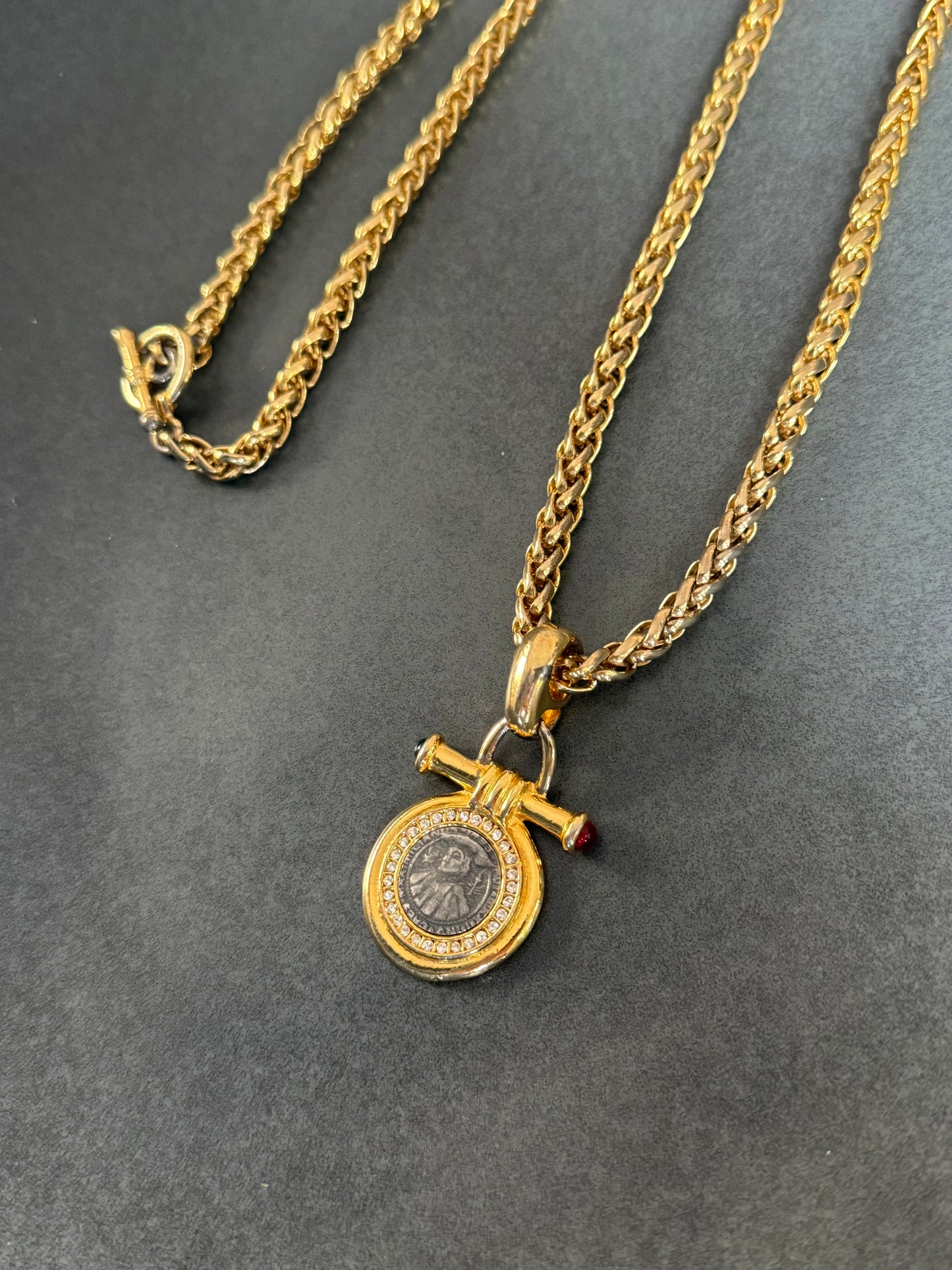 Vintage Coin Medallion Pendant With Clear Red Green Crystal Accents Gold Tone Metal Byzantine Link Chain Necklace