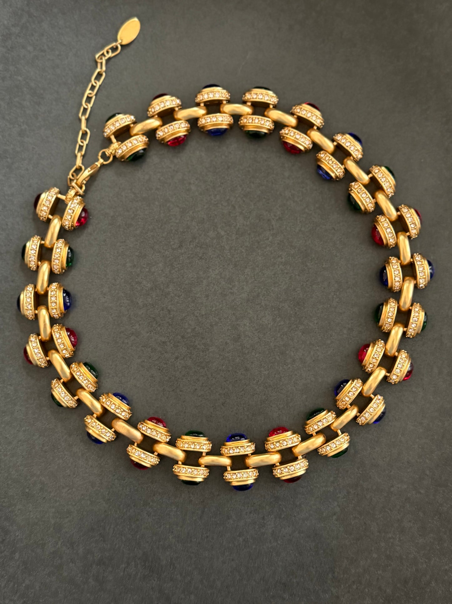 Green, Blue & Red Glass Cabochons, Rhinestones & Gold Plated Signed Necklace