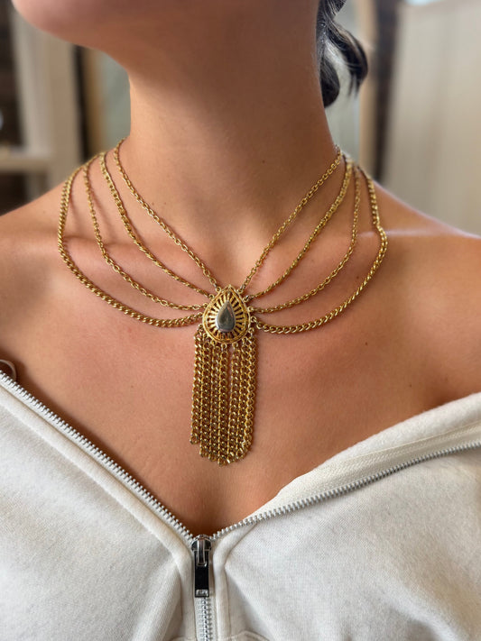 Multi Chain Gold And Pearl Tassel Vintage Necklace