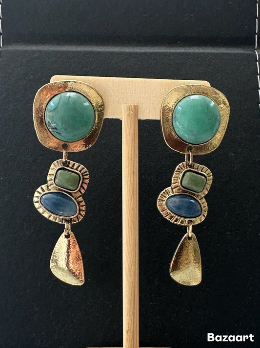 Turquoise Green Blue And Gold Hanging Earring