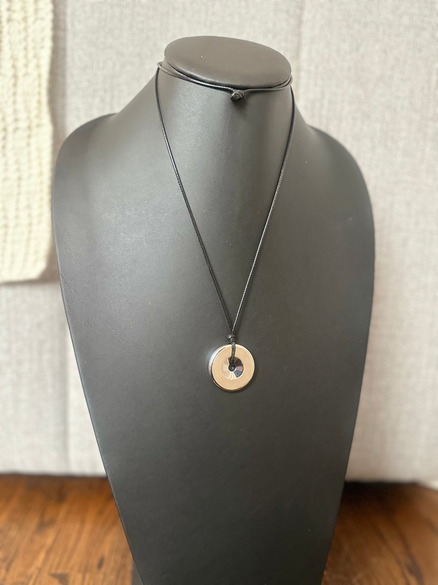 Black Cord Silver Round Pendant Necklace