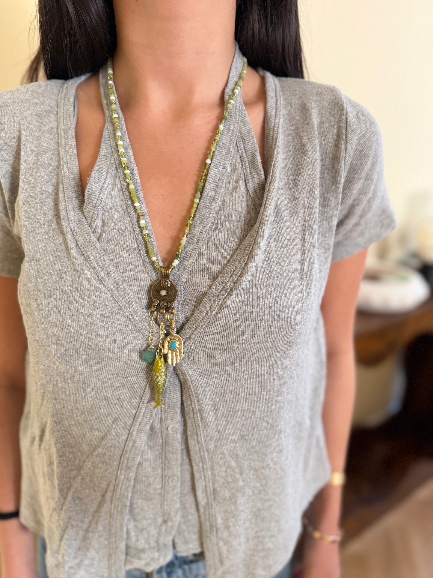 Green Beaded Multi Charm Fish Necklace