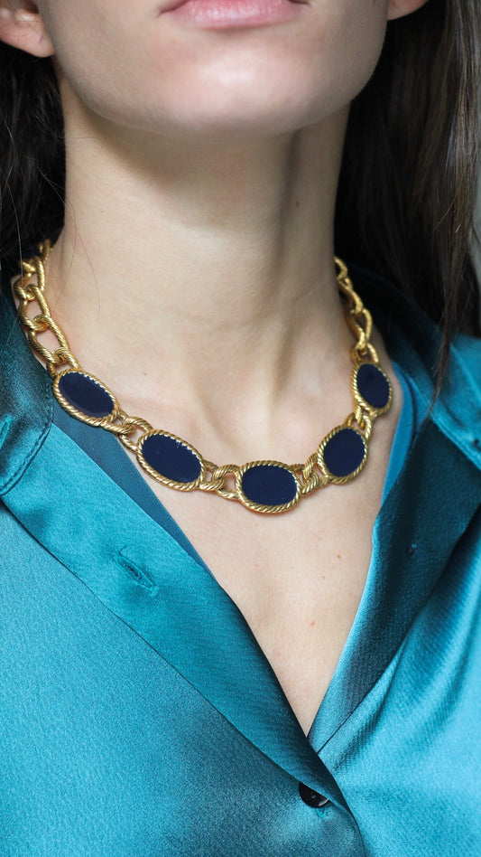 Gold & Navy Enamel Necklace