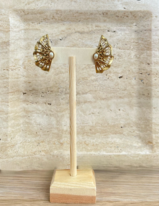 Vintage Gold Fan Earring With Pearl