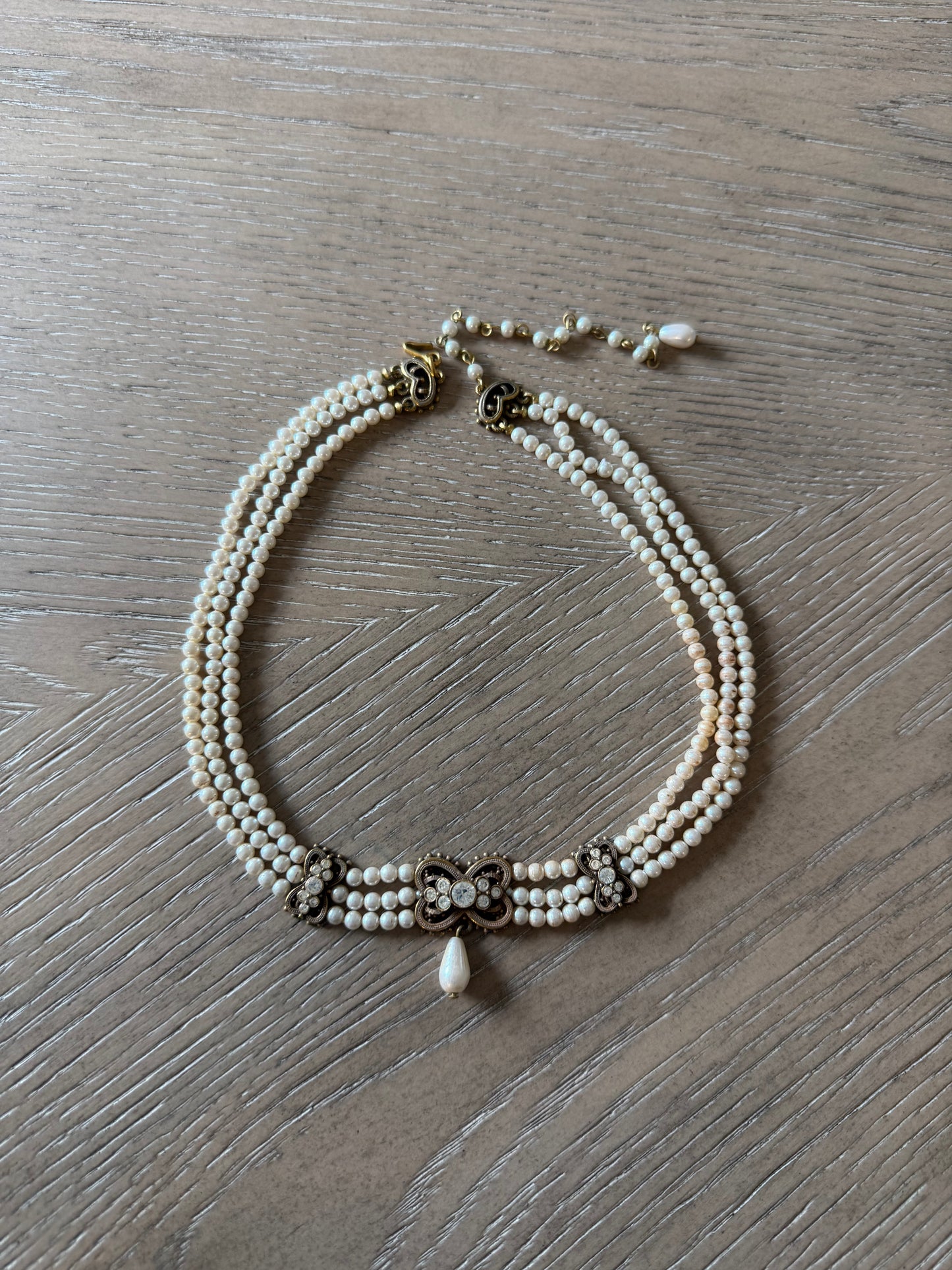 Vintage Pearl Three Strand With Crystal Choker