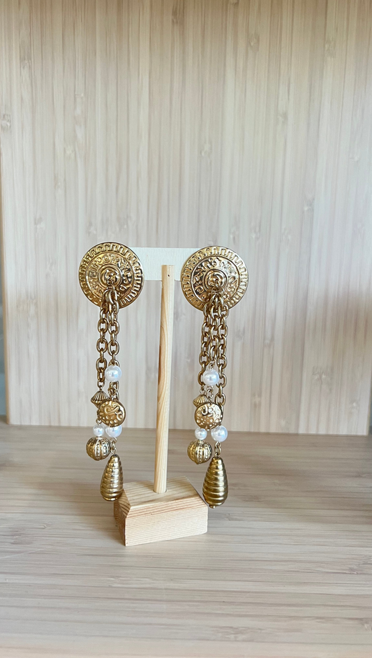 Coin Hanging Gold With Pearls Earrings