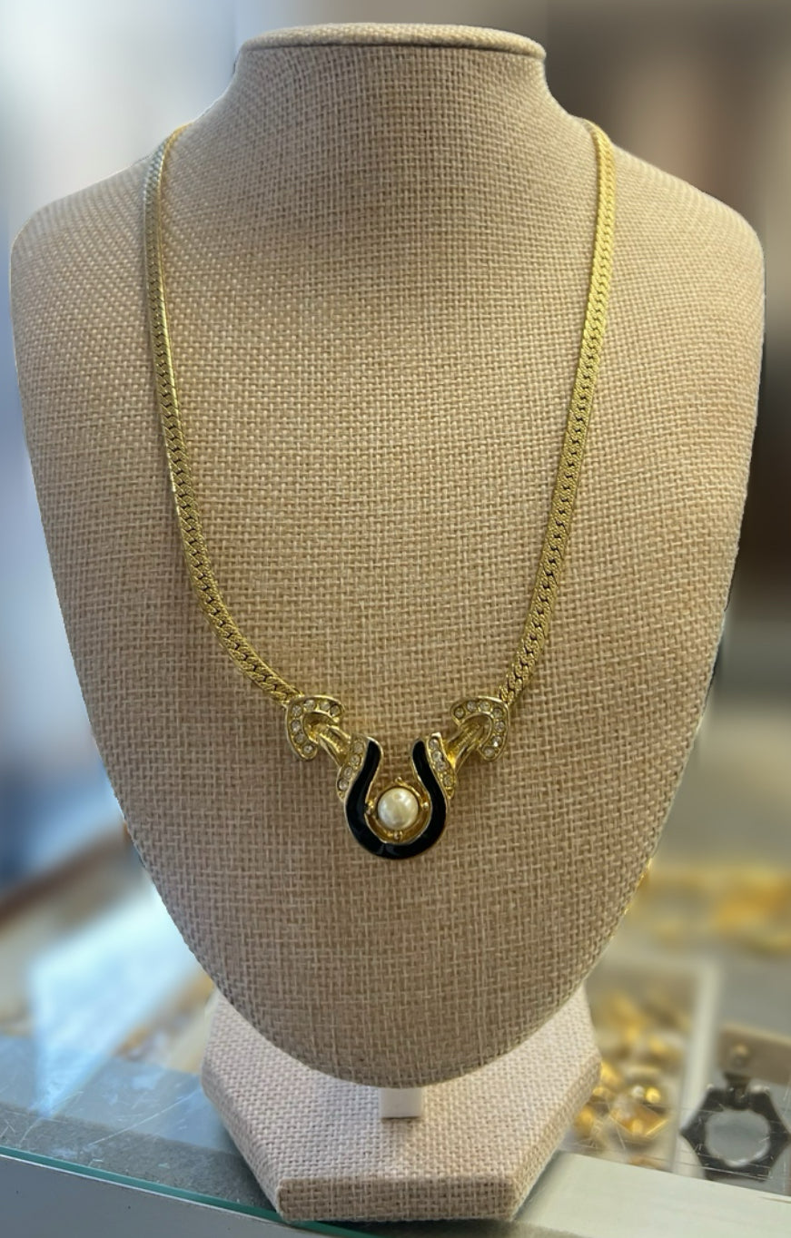 Vintage Black Enamel Gold Rhinestone & Pearl Necklace