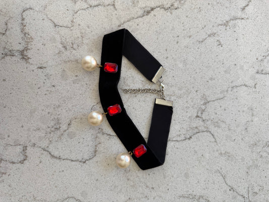 Black Velvet Chocker with Faux Pearls and Rhinestones