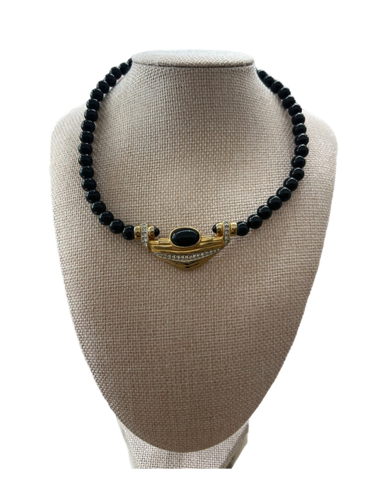 Vintage Black Beaded And Rhinestone Necklace
