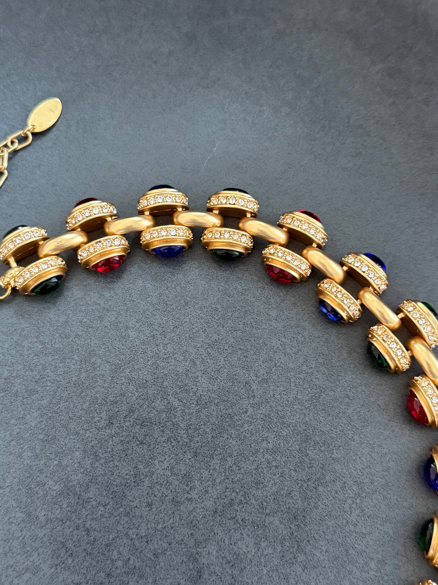 Green, Blue & Red Glass Cabochons, Rhinestones & Gold Plated Signed Necklace