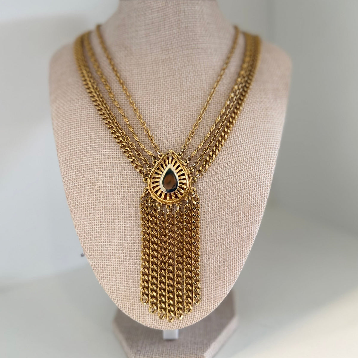 Multi Chain Gold And Pearl Tassel Vintage Necklace