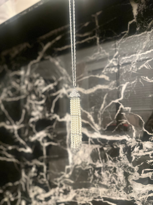 Vintage Rhinestone Pearl Tassel Pendant Necklace