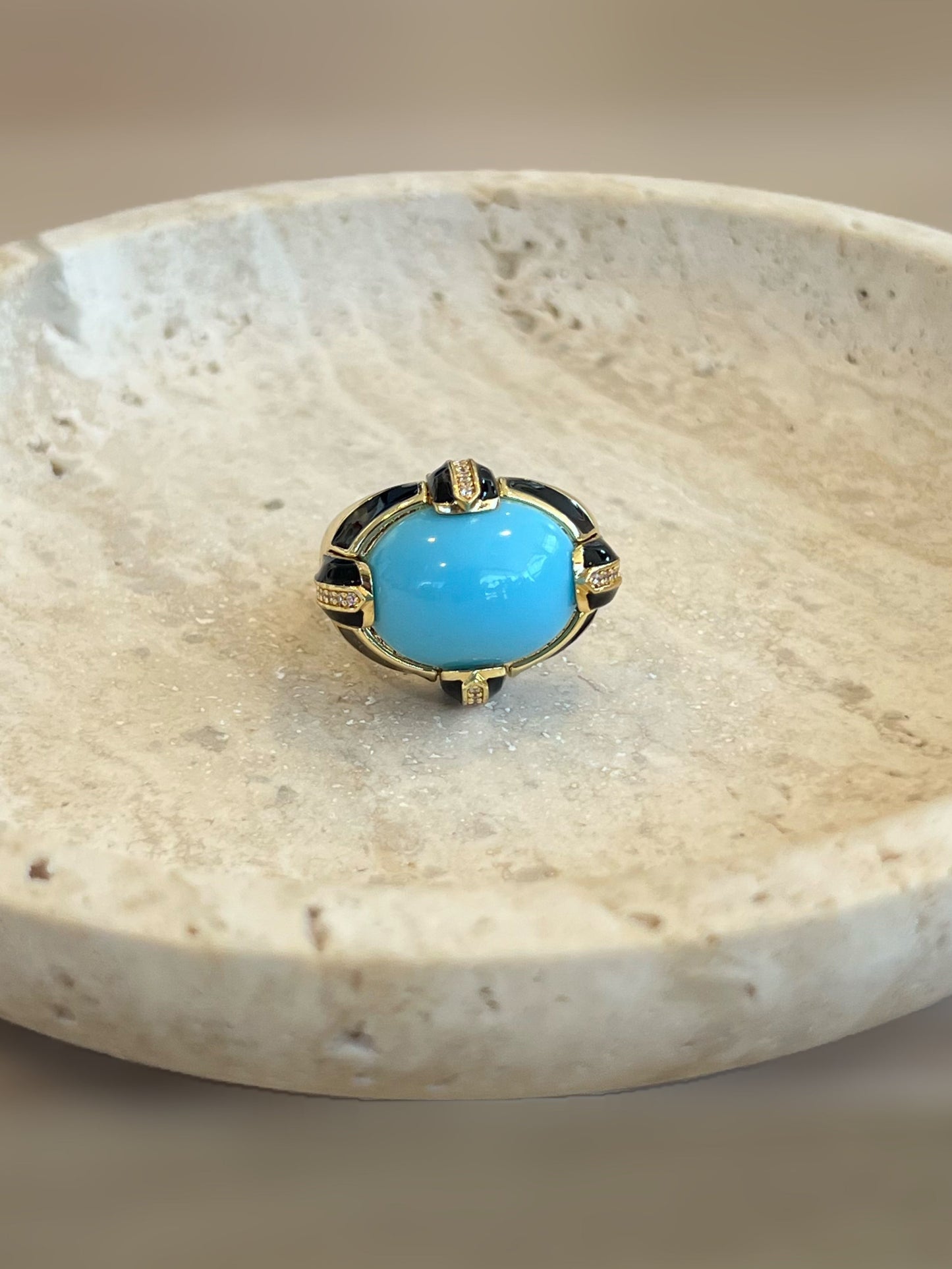 Turquoise Black And Crystal Ring