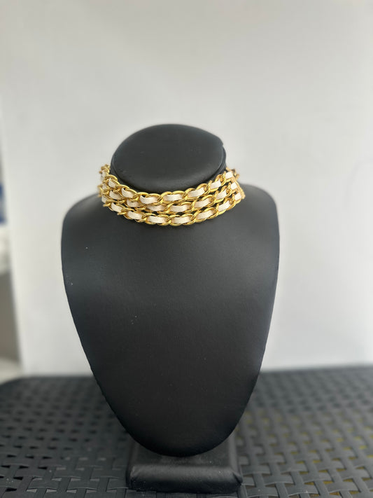 White Leather and Gold Chain Choker Necklace