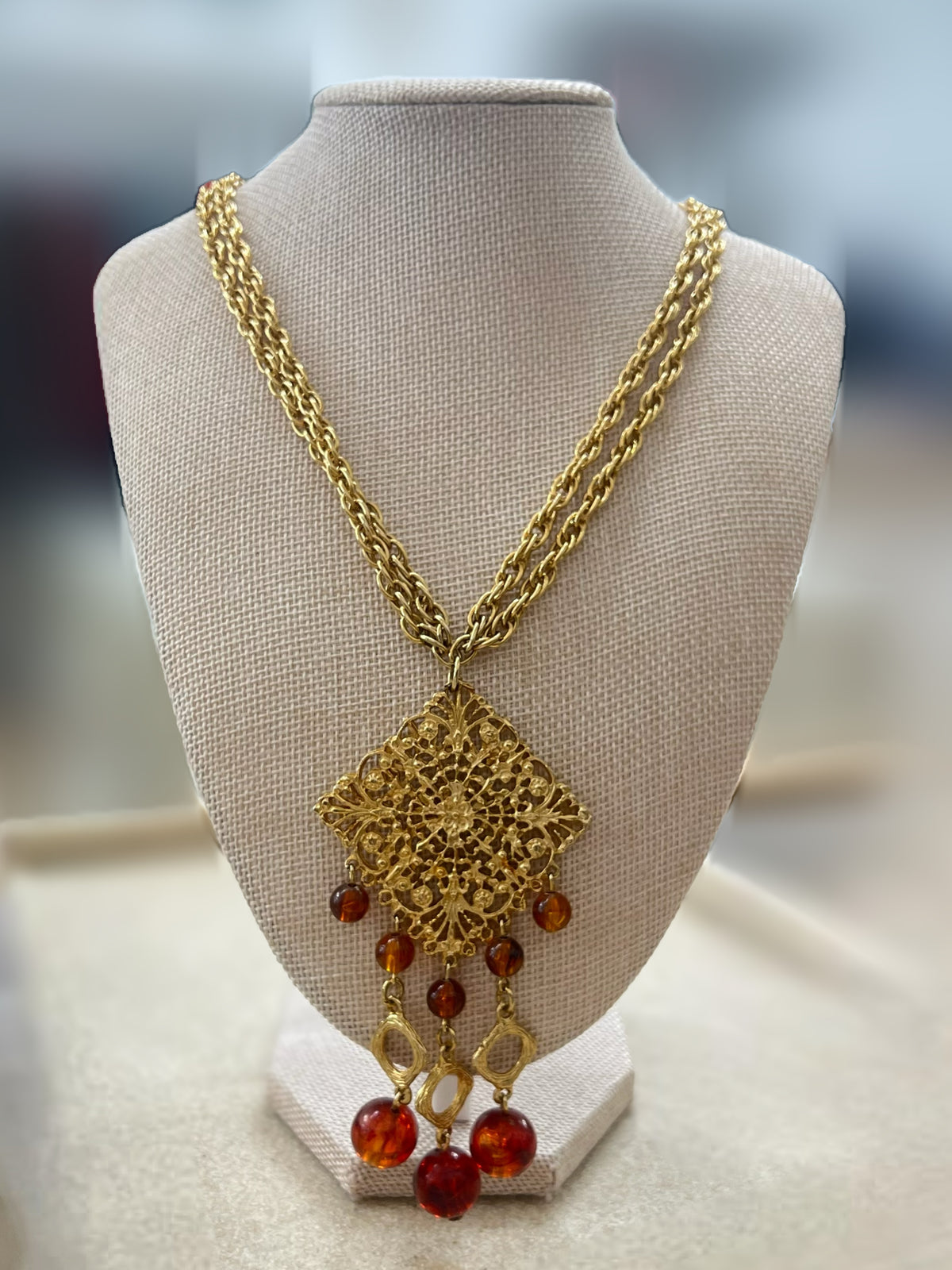 Gold Double Strand Amber Hanging Pendant