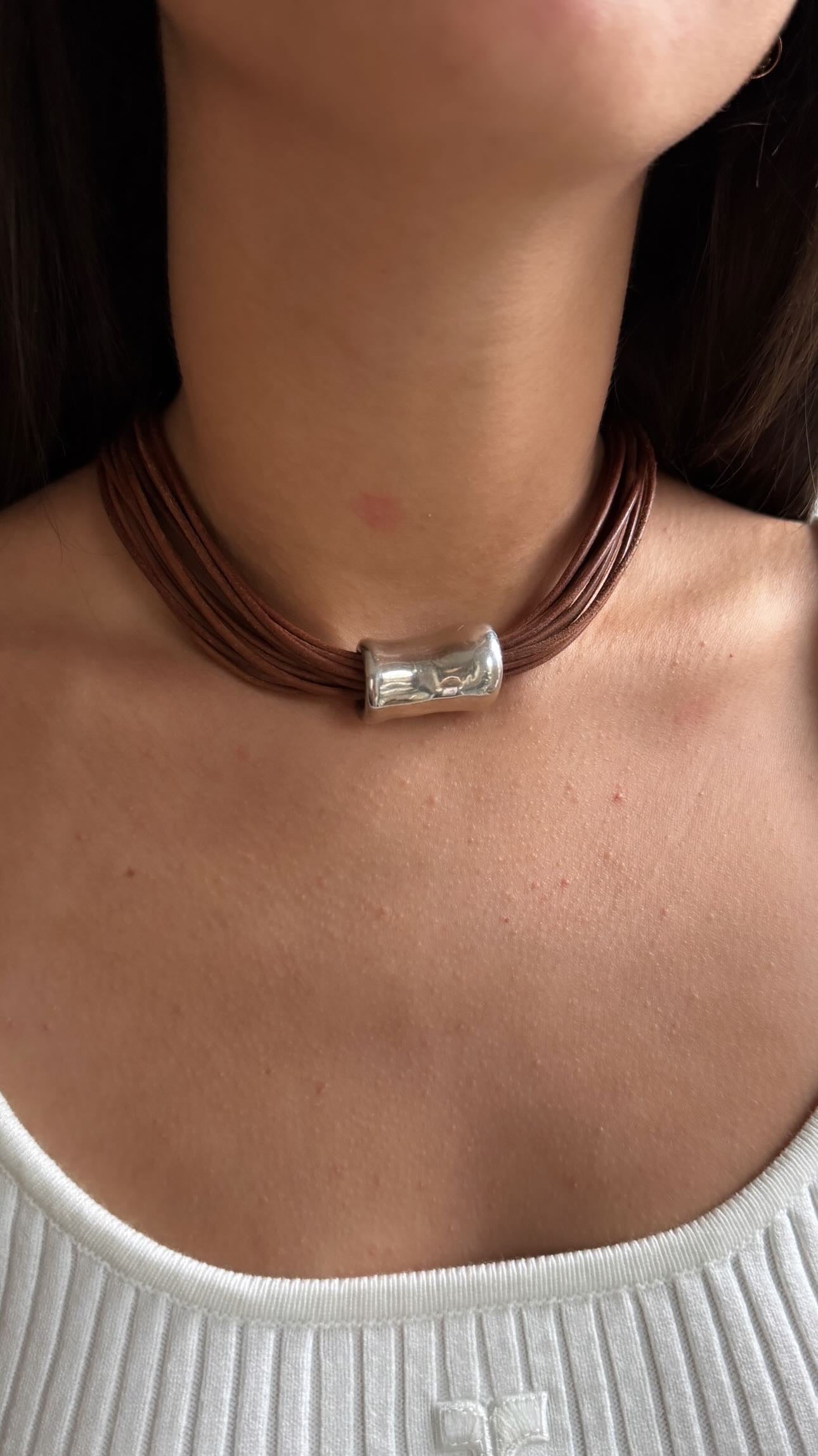 Brown Leather & Silver Choker