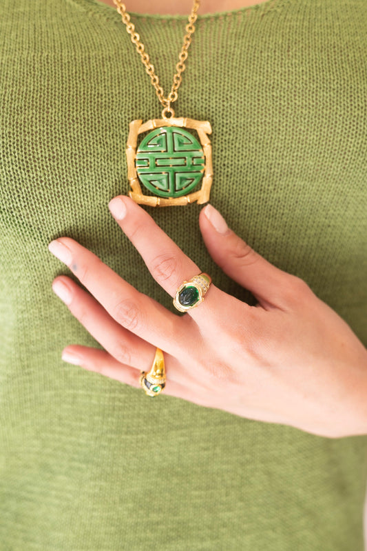 Gold Green and Crystal Ring