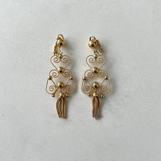 Vintage Gold Tassel Dangle Clip Earrings