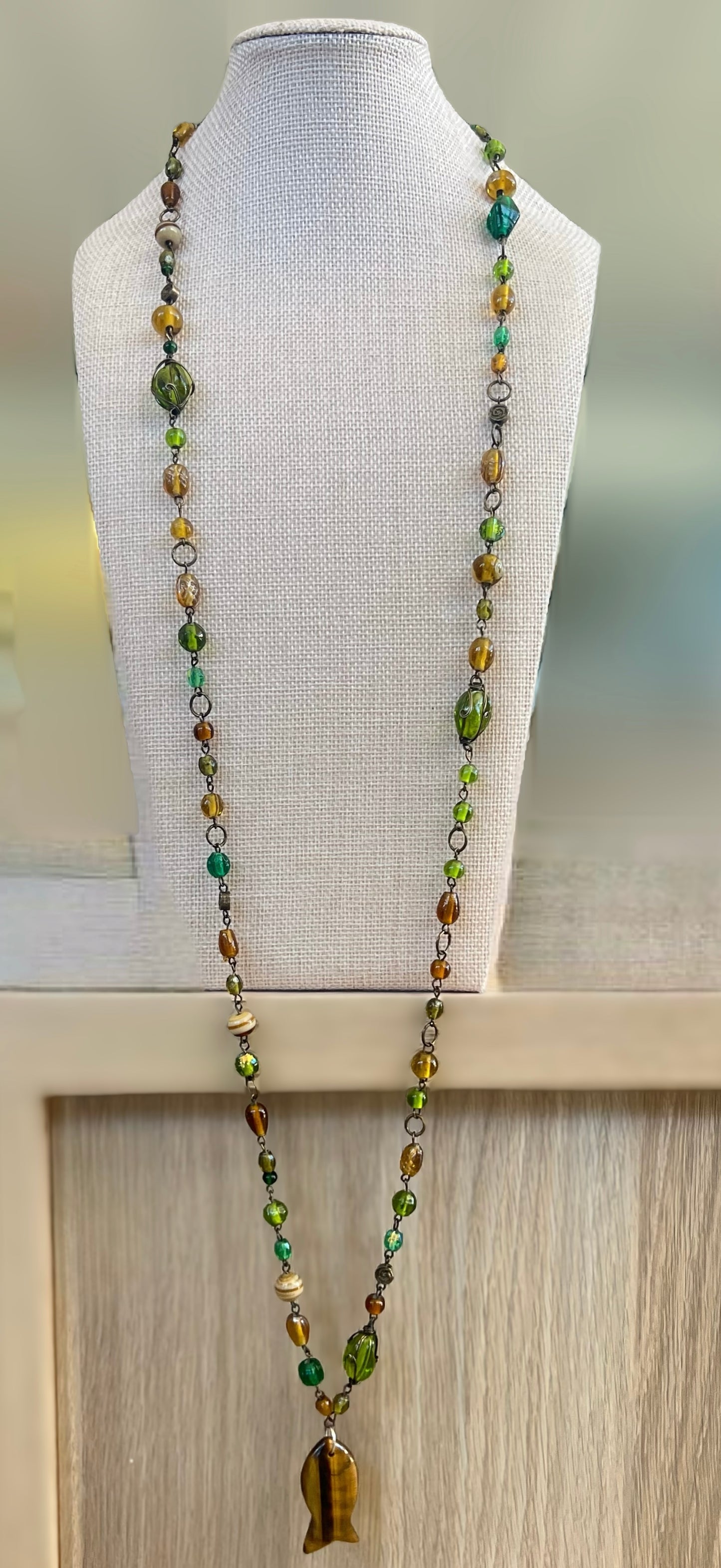 Green And Brown Beaded Fish Necklace